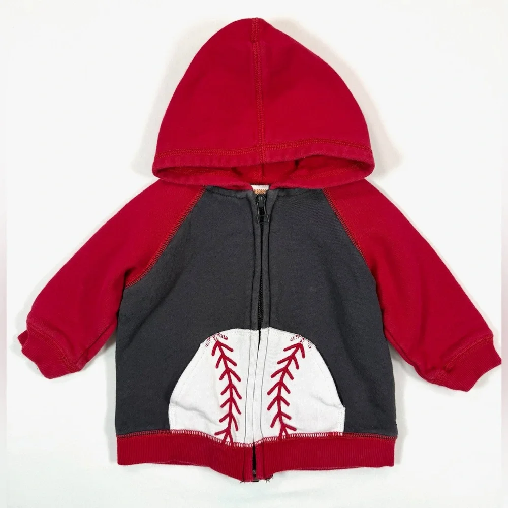 GYMBOREE Baby Boys’ Red Baseball Pocket Slugger Raglan Full Zip Hoodie 6-12M